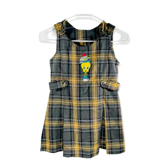 Vintage WB Looney Tunes Tweety Girls Plaid School Books Dress Size 6X - Picture 1 of 9